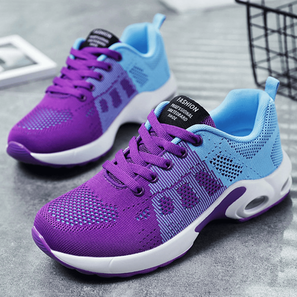Purple and blue breathable lace-up running shoes with cushioned soles for comfort and wear-resistance.